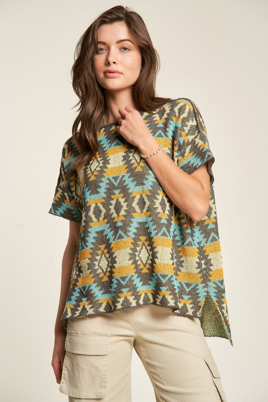 Davi & Dani High-Low Geometric Round Neck Knit Top - Brittney MADE