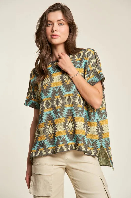 Davi & Dani High-Low Geometric Round Neck Knit Top - Brittney MADE