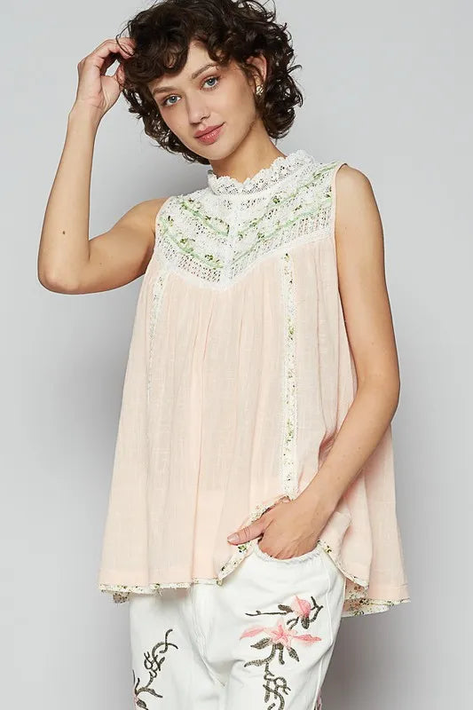 POL Lace Detail Floral Sleeveless Rayon Gauze Top - Brittney MADE