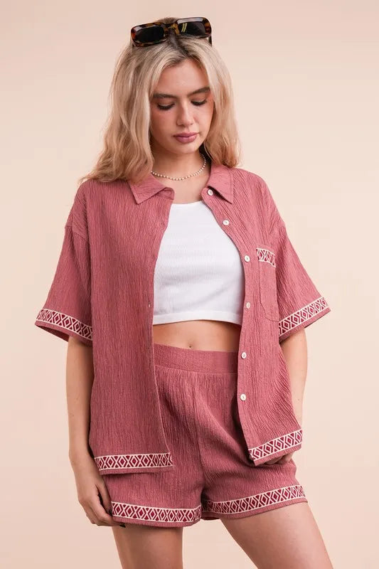 VERY J Crinkled Woven Shirt Top & Shorts Set - Brittney MADE