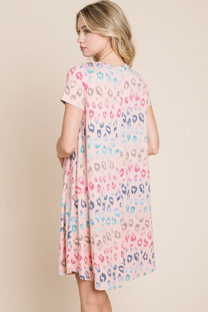 BOMBOM Leopard Round Neck Short Sleeve Dress - Brittney MADE