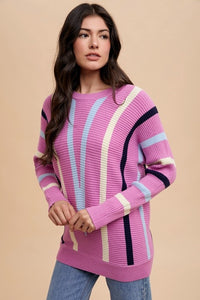 Annie Wear Chevron Stripe Round Neck Ribbed Sweater - Brittney MADE