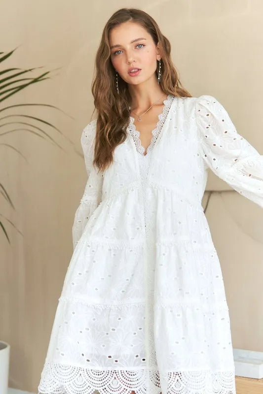 ADORA Lace Detail Tiered Eyelet V-Neck Babydoll Dress - Brittney MADE