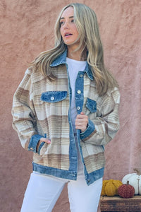And The Why Full Size Washed Denim Detail Brushed Plaid Jacket - Brittney MADE