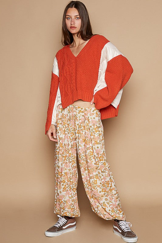 POL Cable Knit Quilting Patch V-Neck Contrast Sweater - Brittney MADE