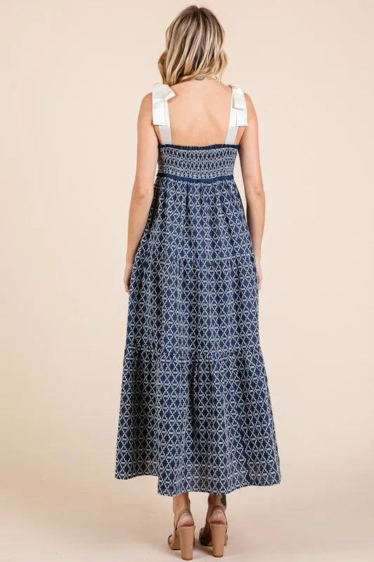 GeeGee Geometric Embroidered Smocked Tie Shoulder Midi Dress - Brittney MADE