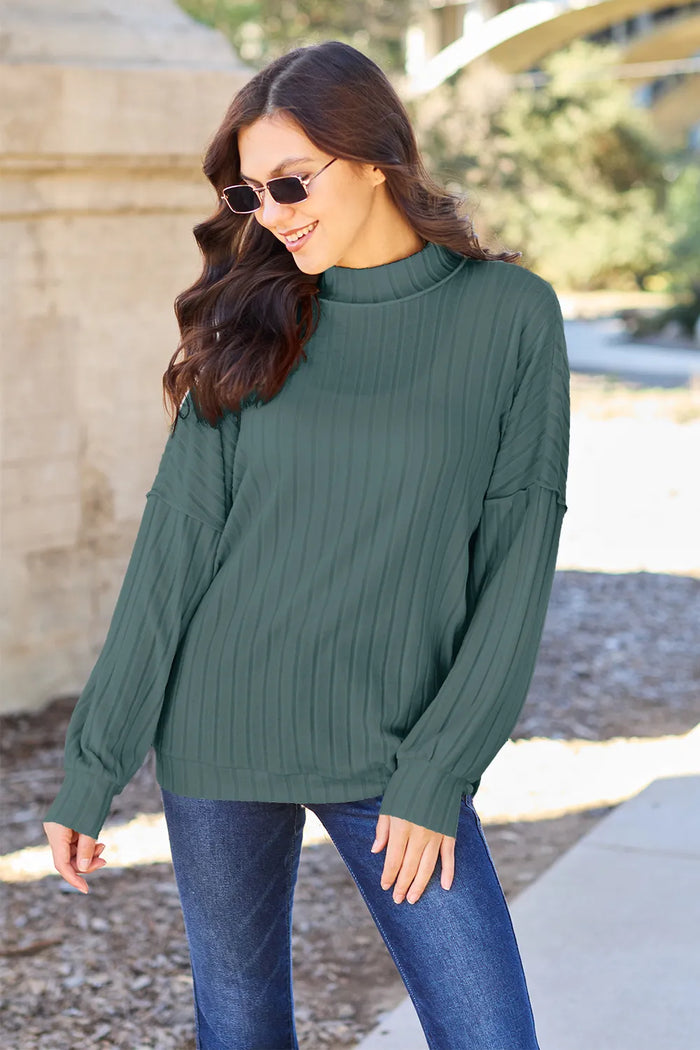 Basic Bae Full Size Ribbed Exposed Seam Mock Neck Knit Top - Brittney MADE