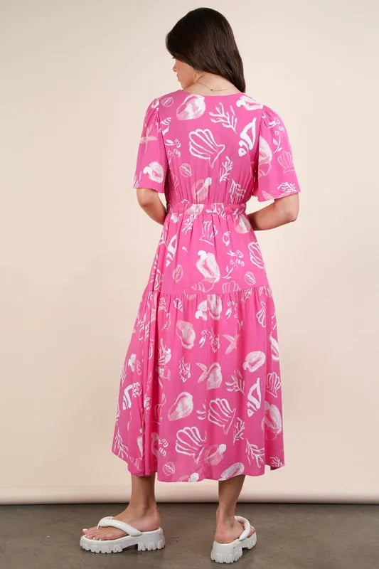 VERY J Printed V-Neck Resort Midi Dress - Brittney MADE