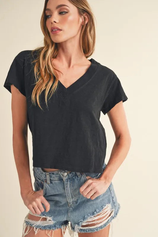 Aemi + Co Side Slit V-Neck Short Sleeve Cropped T-Shirt - Brittney MADE