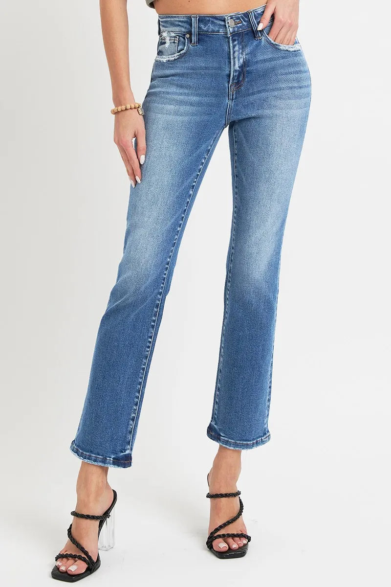 RISEN Full Size Mid Rise Ankle Straight Jeans with Pockets - Brittney MADE