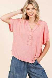 Mittoshop Mineral Wash Henley Short Sleeve Waffle Knit Top - Brittney MADE