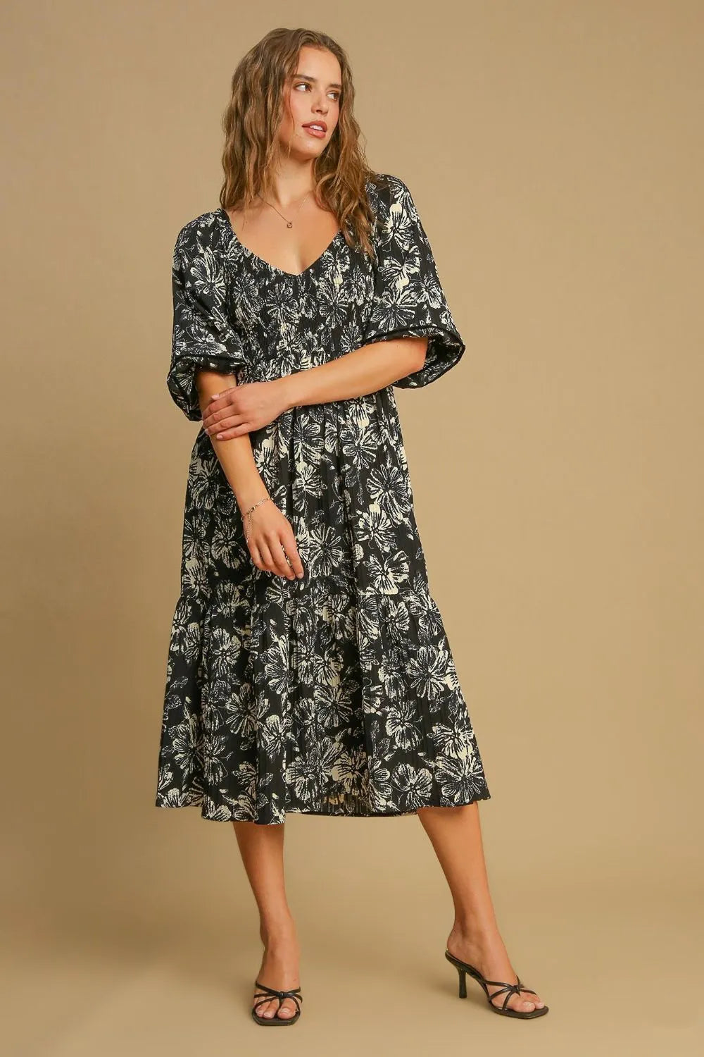 Umgee Ruffle Hem Flower Printed V-Neck Dress - Brittney MADE
