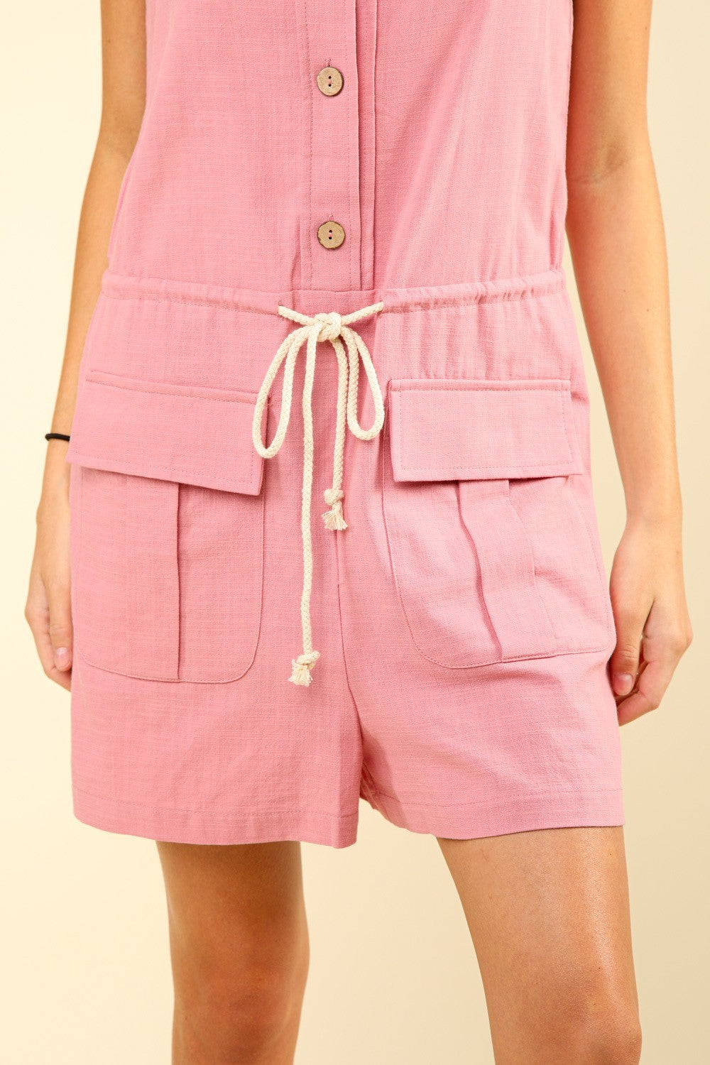 VERY J Half Button Drawstring Sleeveless Romper - Brittney MADE