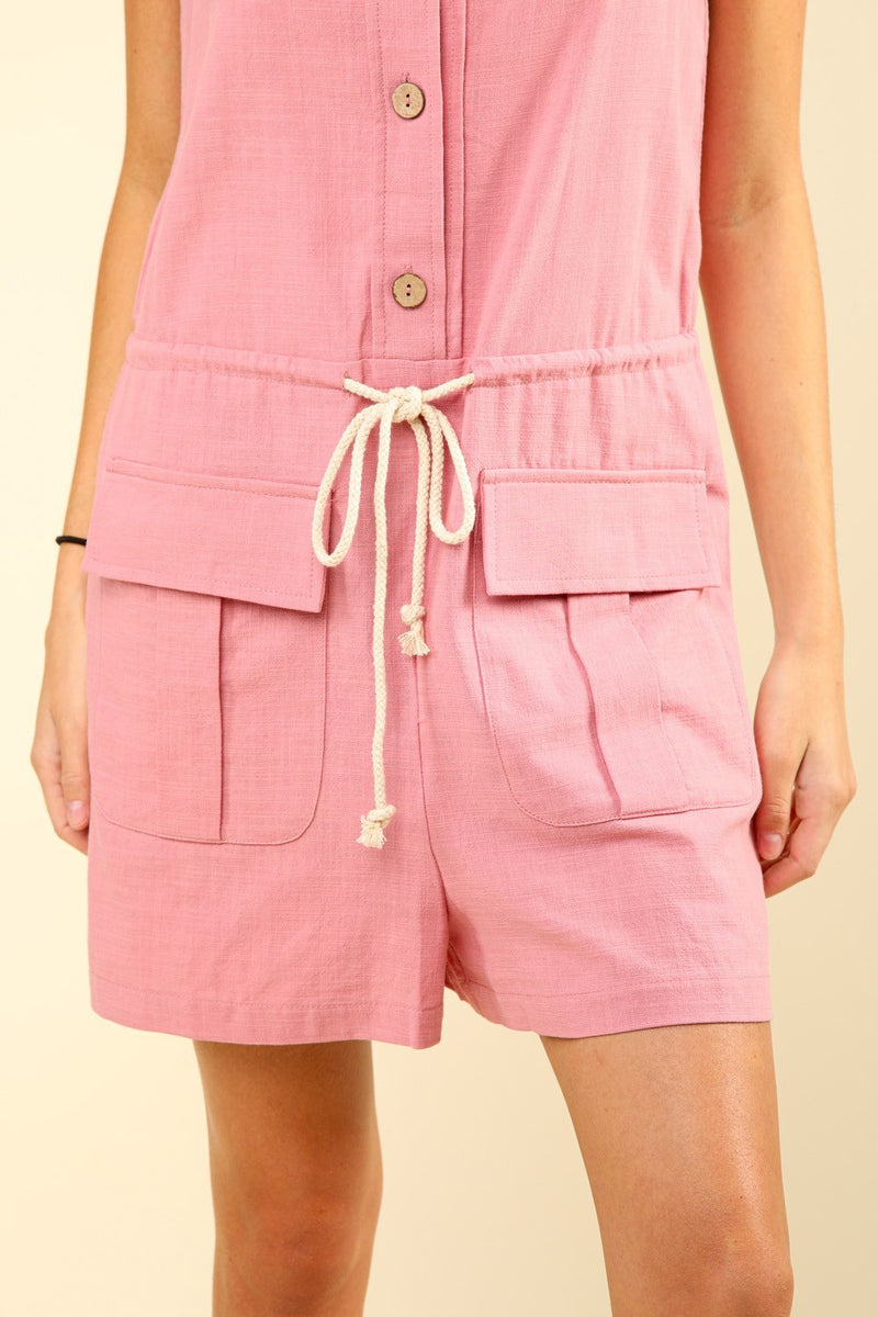 VERY J Half Button Drawstring Sleeveless Romper - Brittney MADE