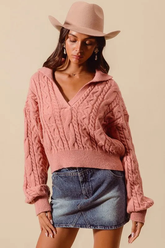 SO ME Cable Knit Deep V Neck Crop Swetaer Top - Brittney MADE