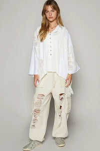 POL Crochet Patchwork Frayed Edge Half Button Knit Top - Brittney MADE