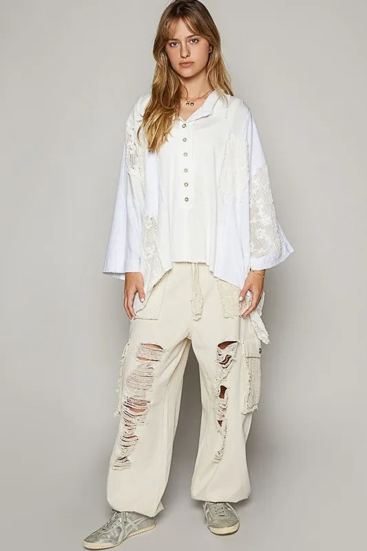 POL Crochet Patchwork Frayed Edge Half Button Knit Top - Brittney MADE
