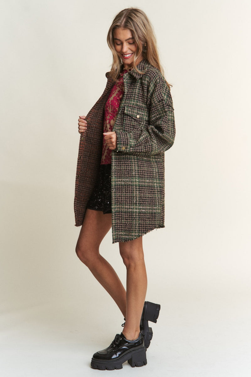 J.NNA Snap Down Tweed Plaid Contrast  Longline Shacket - Brittney MADE