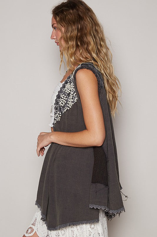 POL Embroidered Pearls Open Front Sleeveless Cardigan - Brittney MADE