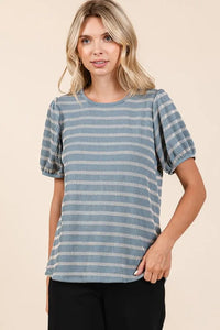 Mittoshop Contrast Striped Short Puff Sleeve Knit Top - Brittney MADE