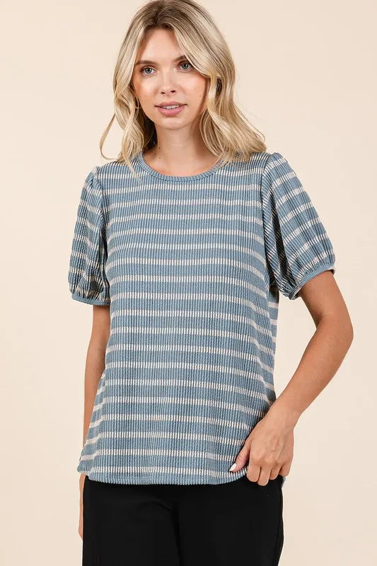 Mittoshop Contrast Striped Short Puff Sleeve Knit Top - Brittney MADE