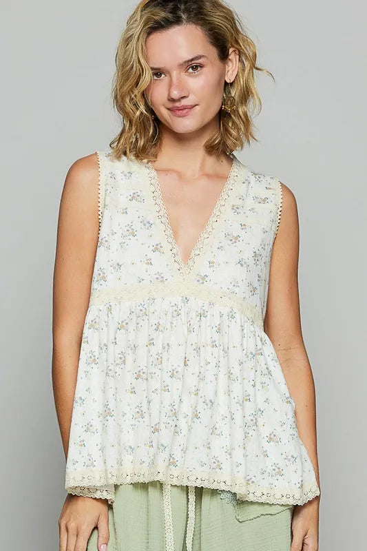 POL Lace Detail Floral V-Neck Sleeveless Top - Brittney MADE