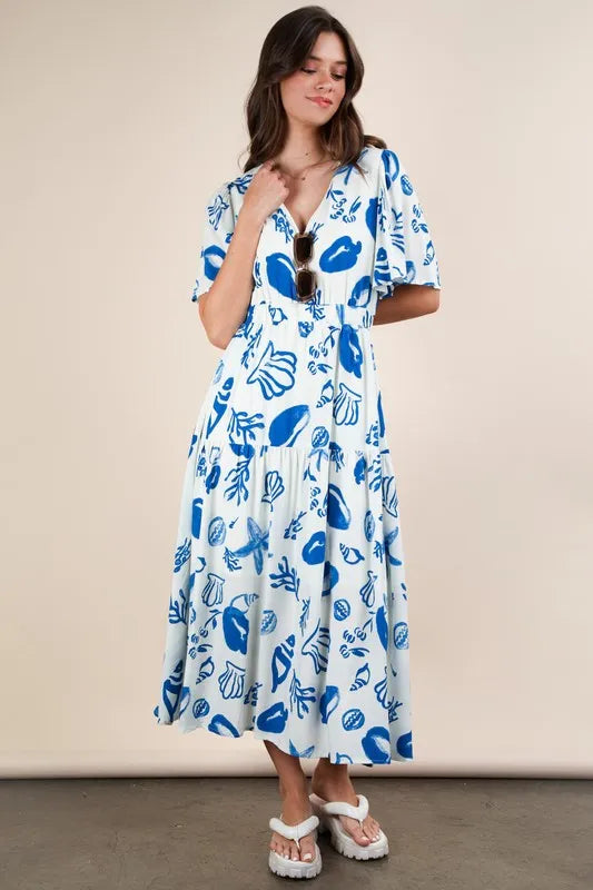 VERY J Printed V-Neck Resort Midi Dress - Brittney MADE