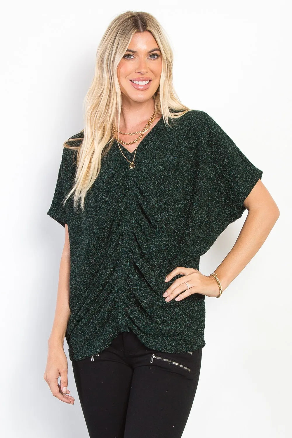 Be Stage Full Size Lurex Center Elastic Cinched Knit Top - Brittney MADE
