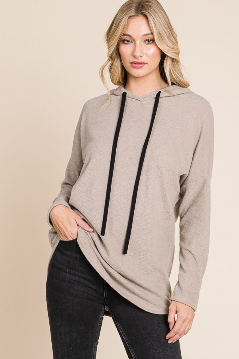 BOMBOM Contrast Drawstring Drop Shoulder Knit Hoodie - Brittney MADE