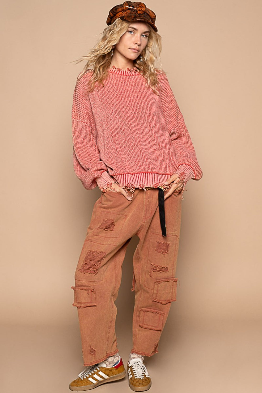POL Distressed Washed Drop Shoulder Sweater - Brittney MADE