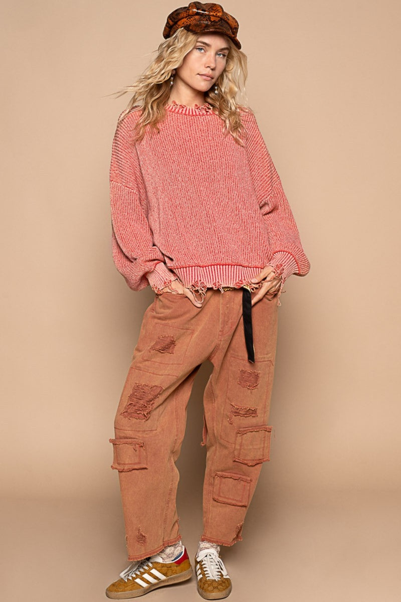 POL Distressed Washed Drop Shoulder Sweater - Brittney MADE