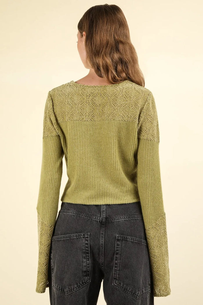 VERY J V-Neck Lace Detail Button Down Crop Ribbed Knit Top - Brittney MADE