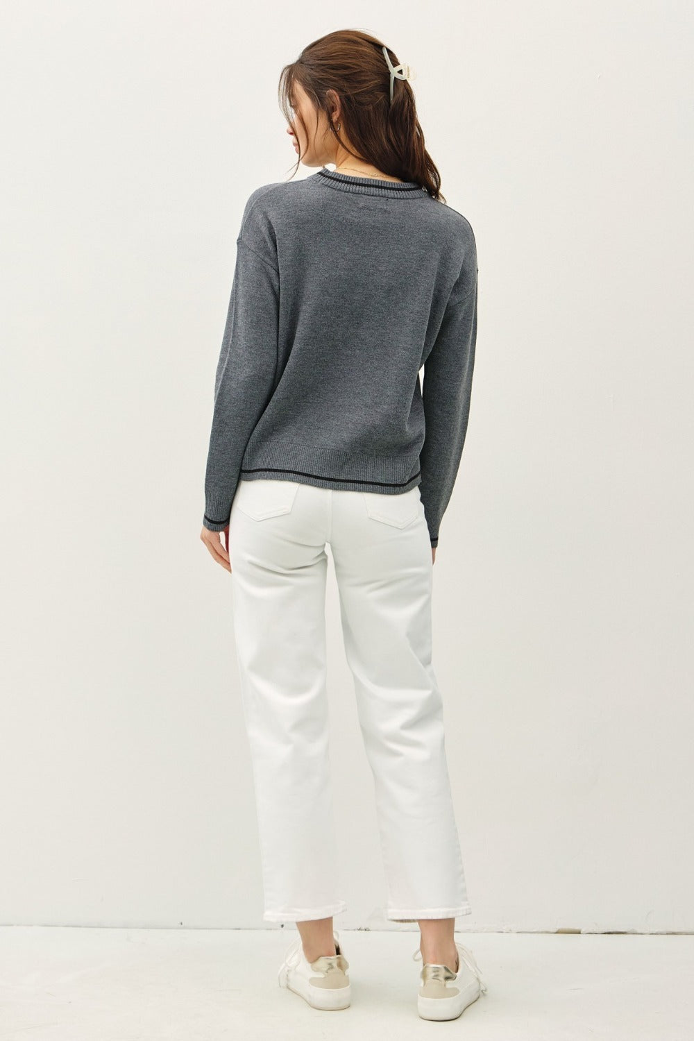 Be Cool Striped Trim Round Neck Long Sleeve Sweater - Brittney MADE