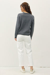 Be Cool Striped Trim Round Neck Long Sleeve Sweater - Brittney MADE