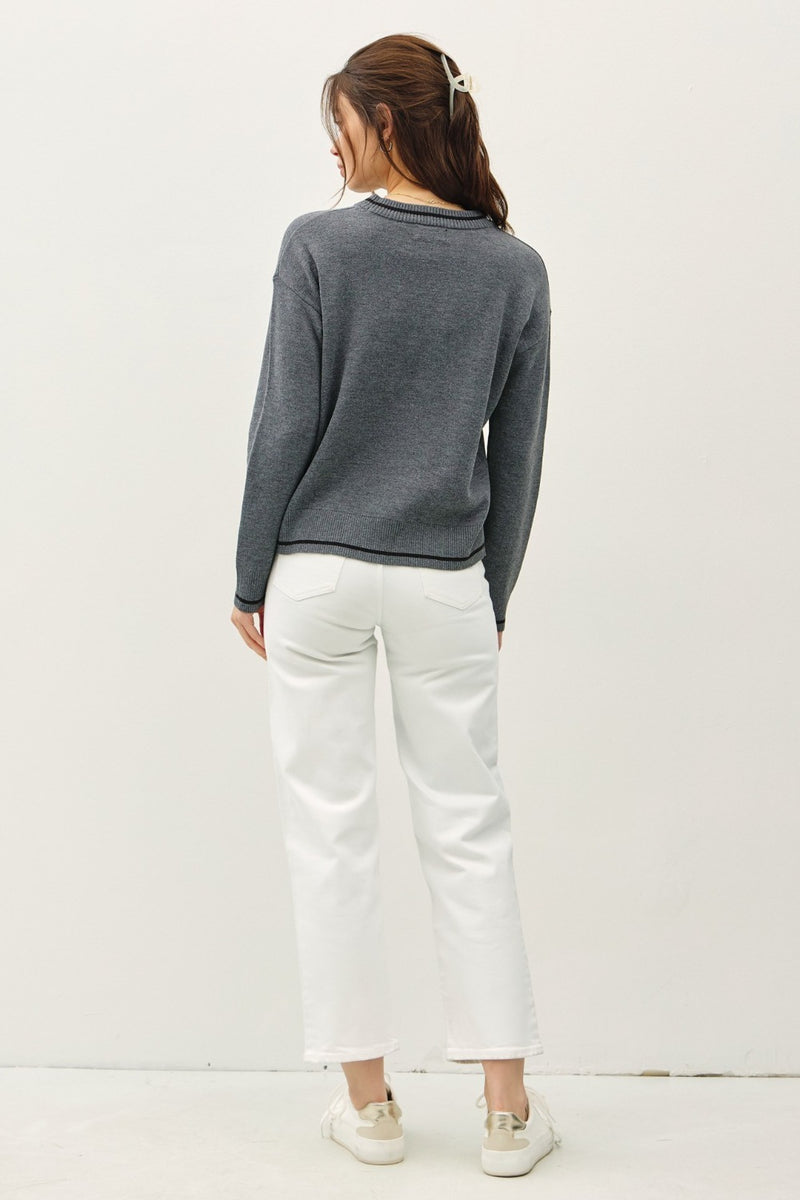 Be Cool Striped Trim Round Neck Long Sleeve Sweater - Brittney MADE