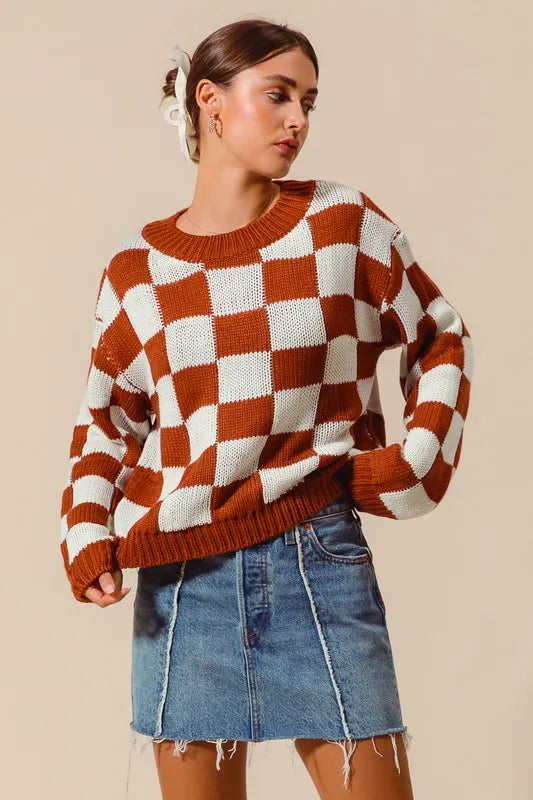 SO ME Loose Fit Checkered Sweater Top - Brittney MADE
