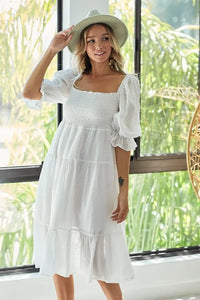 BiBi Swiss Dot Flounce Sleeve Smocked Tiered Midi Dress - Brittney MADE