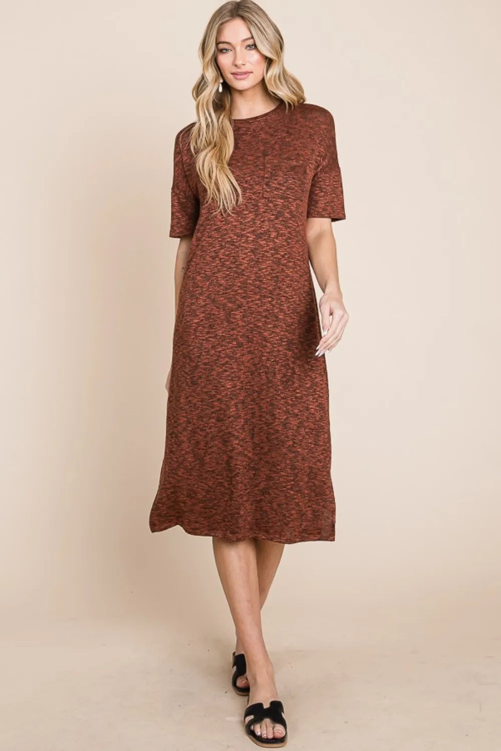 BOMBOM Round Neck Side Slit Midi Dress - Brittney MADE