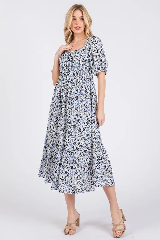 Ces Femme Floral Square Neck Puff Sleeve Midi Dress - Brittney MADE