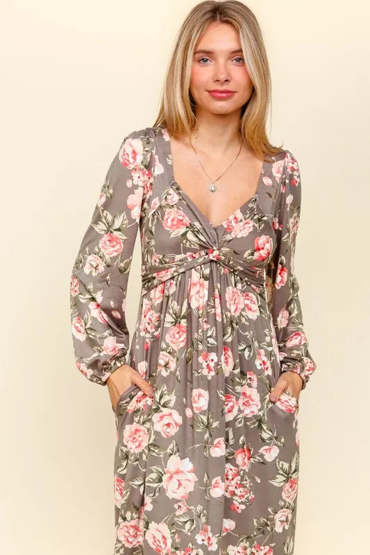 Haptics Twisted Detail Ruffled Hem Floral Dress with Side Pockets - Brittney MADE