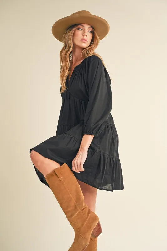 Aemi + Co Notched Balloon Sleeve Tiered Mini Dress - Brittney MADE