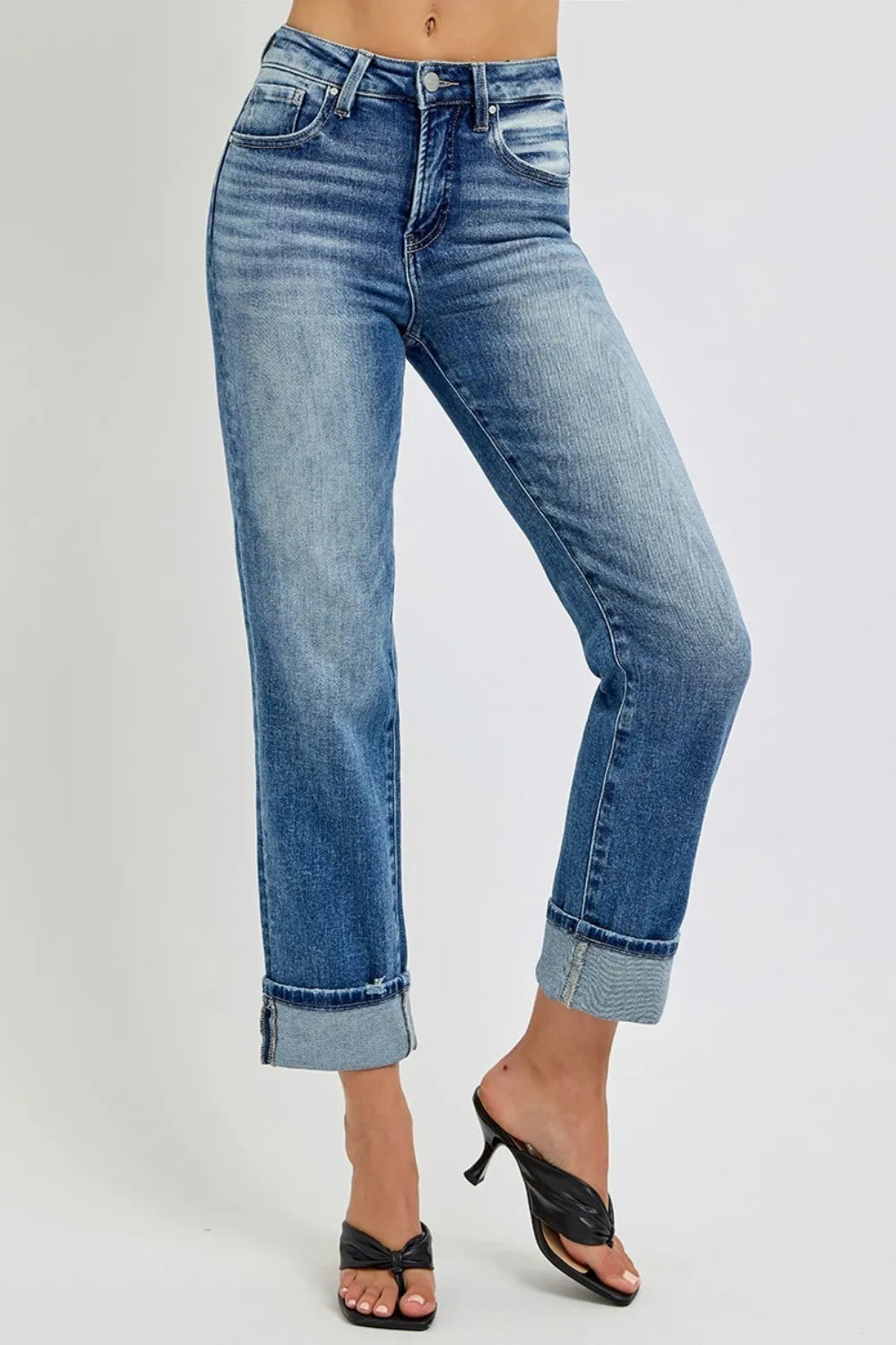 RISEN Full Size High Rise Crop Straight Roll Up Jeans - Brittney MADE