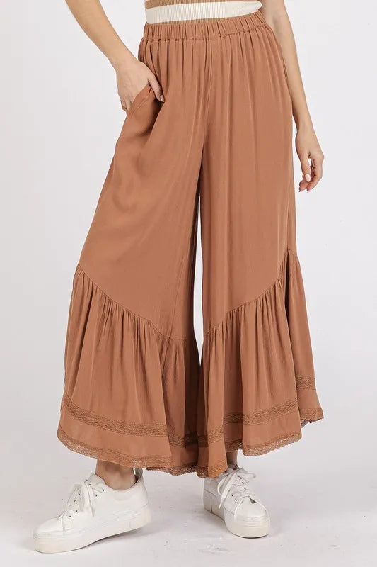 Mittoshop Lace Ruffle Asymmetric Hem Wide Leg Pants - Brittney MADE
