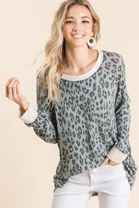 BiBi Leopard Hacci Round Neck Long Sleeve T-Shirt - Brittney MADE