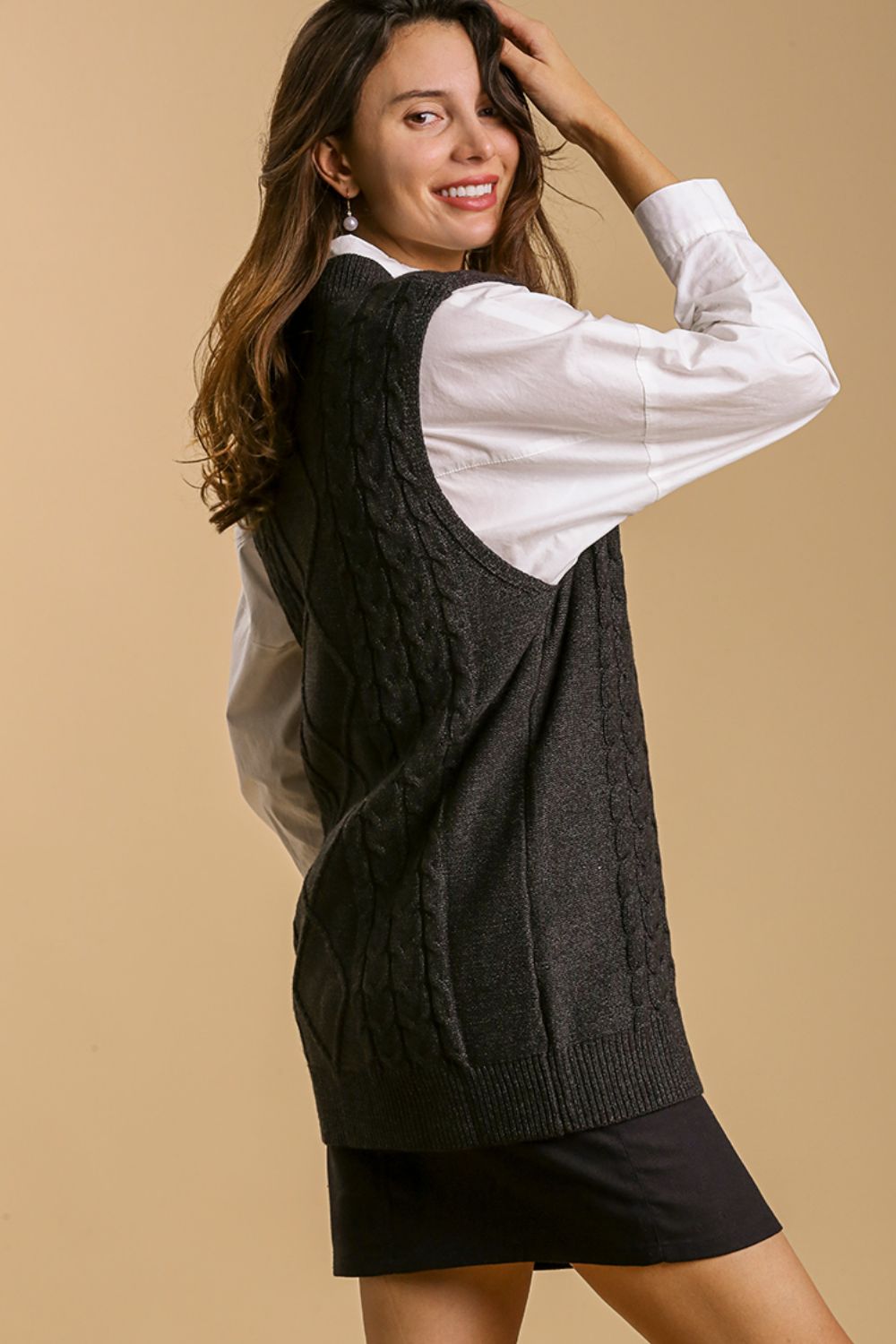 Umgee Full Size Cable V-Neck Vest Sweater Plus Size - Brittney MADE