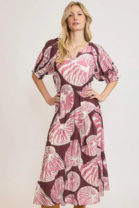 Umgee Full Size Printed Notched Puff Sleeve Midi Dress Plus Size - Brittney MADE