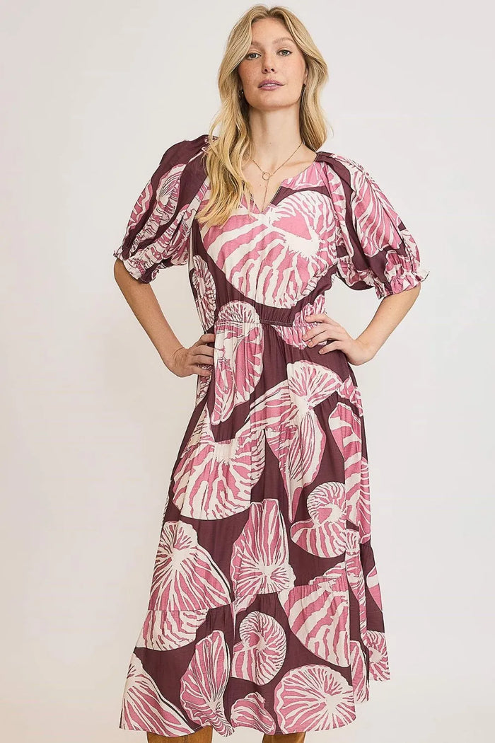 Umgee Full Size Printed Notched Puff Sleeve Midi Dress Plus Size - Brittney MADE