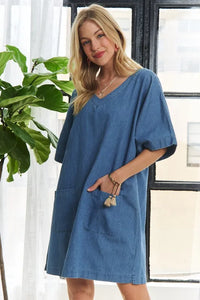 ADORA V-Neck Half Sleeve Mini Denim Dress - Brittney MADE
