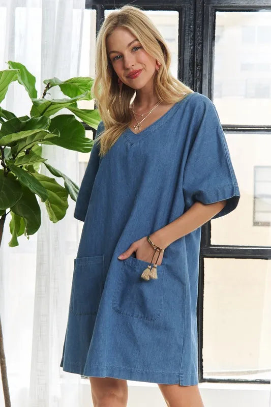 ADORA V-Neck Half Sleeve Mini Denim Dress - Brittney MADE