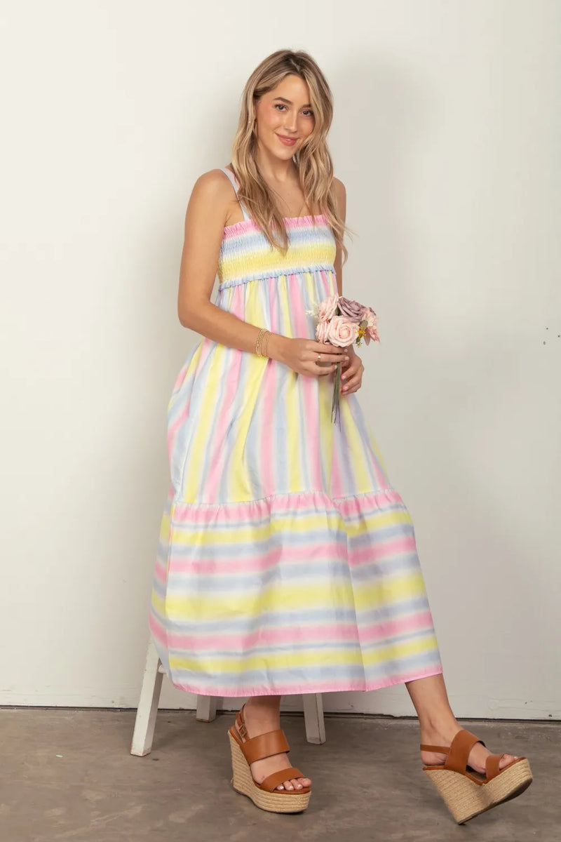 VERY J Striped Woven Smocked Midi Cami Dress - Brittney MADE